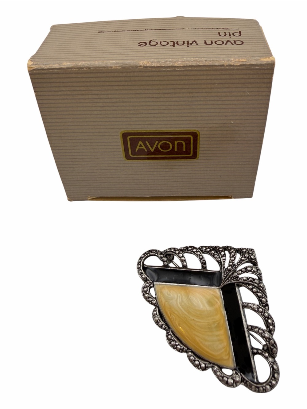 Vintage Avon Art Deco Revival Black Enamel Butterscotch Brooch Pin w/ Box